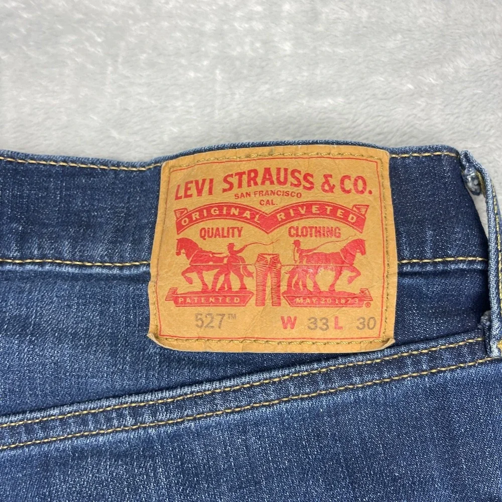 Levi's Jeans Mens 33x30 Blue Denim Whiskered Faded Low Rise 527 Slim Bootcut Leg